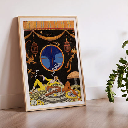 Elegant Art Deco interior with two figures lounging Falbalas et fanfreluches La paresse by George Barbier, framed and displayed in modern living room decor