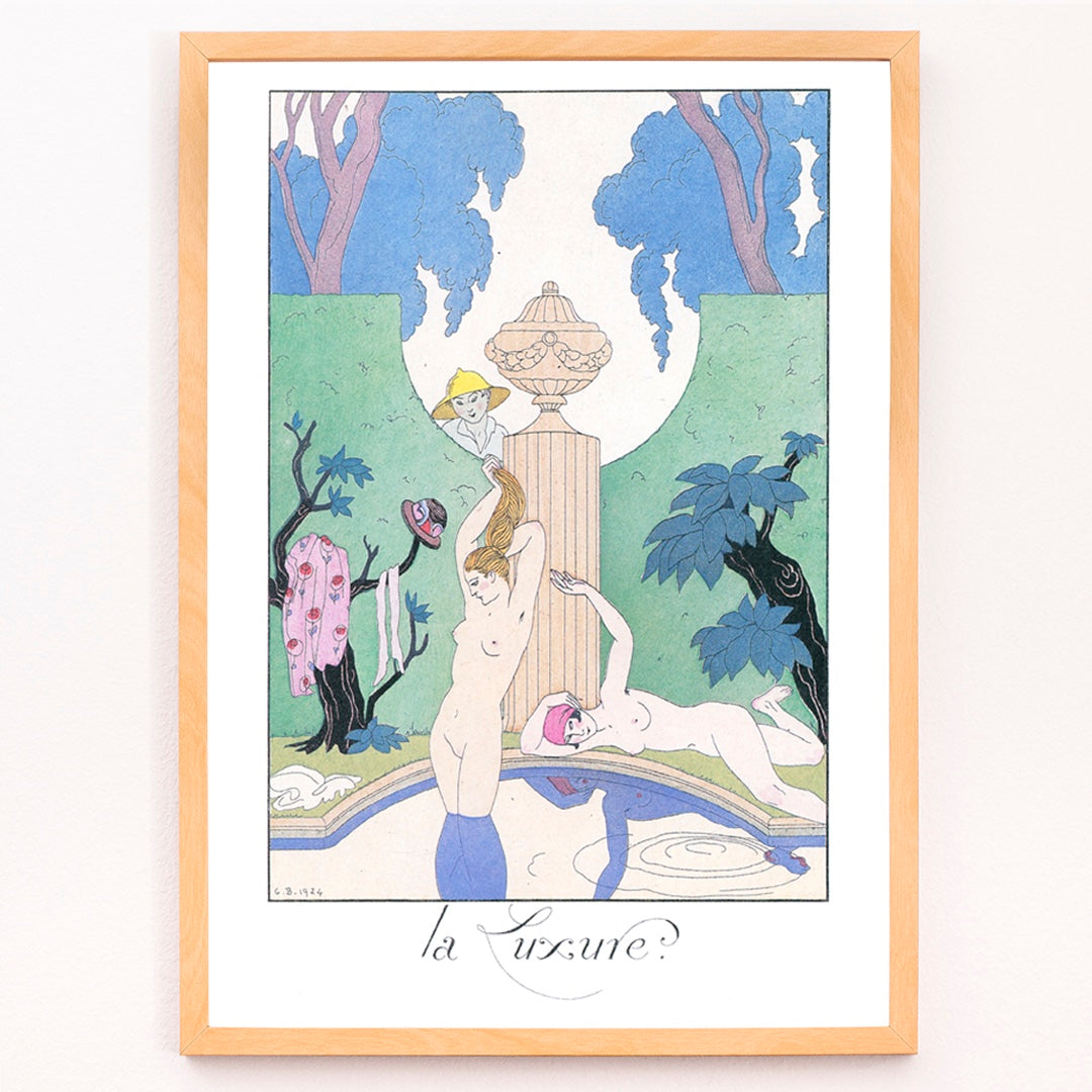 Closeup detail of Art Deco poster La Luxure by George Barbier featuring elegant nude women lounging by a fountain in a decorative garden scene