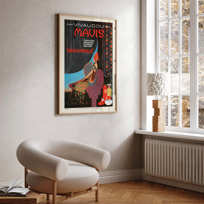 Elegant woman in art deco style with perfume bottles vibrant colors and wall decor poster for Mavis Irresistible by Fred L Parker, framed and displayed in home decor