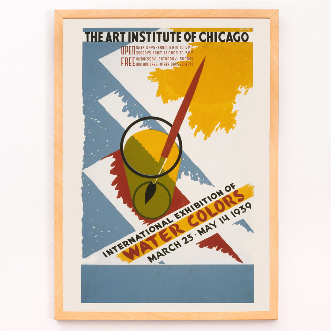 Closeup detail of Colorful poster art for International exhibition of water colors by Arlington Gregg featuring paintbrush watercolor palette abstract brush strokes and a paintbrush in a glass