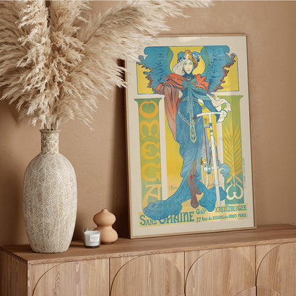 Art Nouveau poster by Henri Thiriet Omega featuring a woman in flowing robes with wings beside a bicycle colorful illustration and decorative text, framed and displayed in home decor
