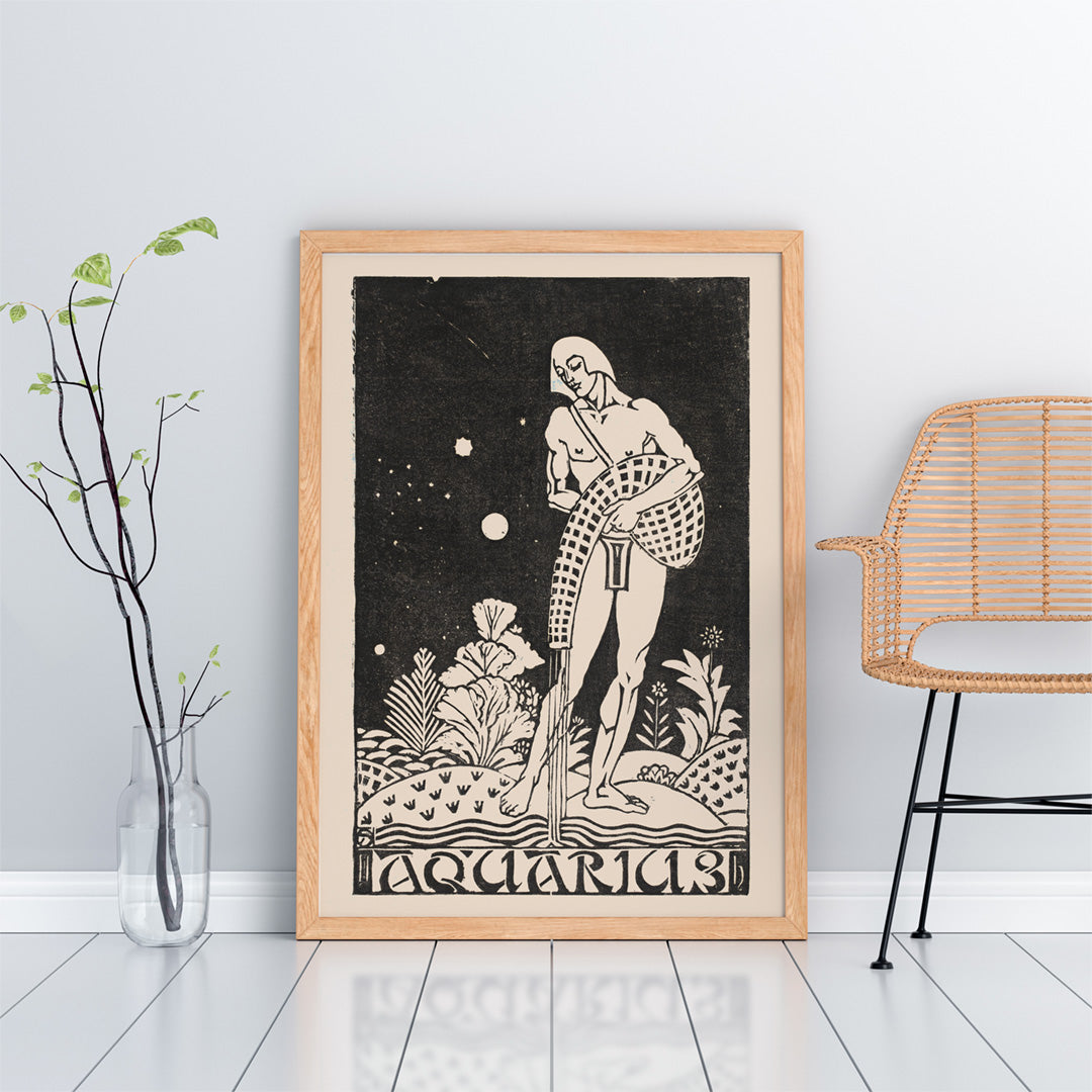 Aquarius zodiac sign artwork by Henri van der Stok featuring water bearer and nude figure pouring water in stylized landscape, framed and displayed in home decor