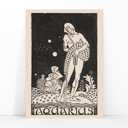 Aquarius zodiac sign artwork by Henri van der Stok featuring water bearer and nude figure pouring water in stylized landscape, framed and displayed in modern living room decor