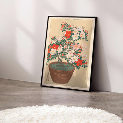 Potted azalea in bloom with red and white flowers botanical artwork Flowering azalea by Ohara Koson poster, framed and displayed in modern living room decor