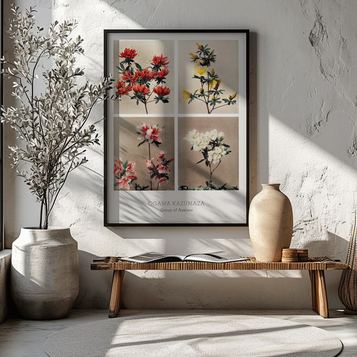 Hand colored collotype artwork of vibrant azalea flowers by Kazumasa Ogawa poster featuring various azaleas, framed and displayed in home decor