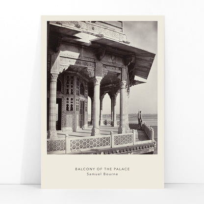 Architectural photography and poster of ornate palace balcony with intricate columns and carvings by Samuel Bourne titled Balcony of the Palace, framed and displayed in modern living room decor