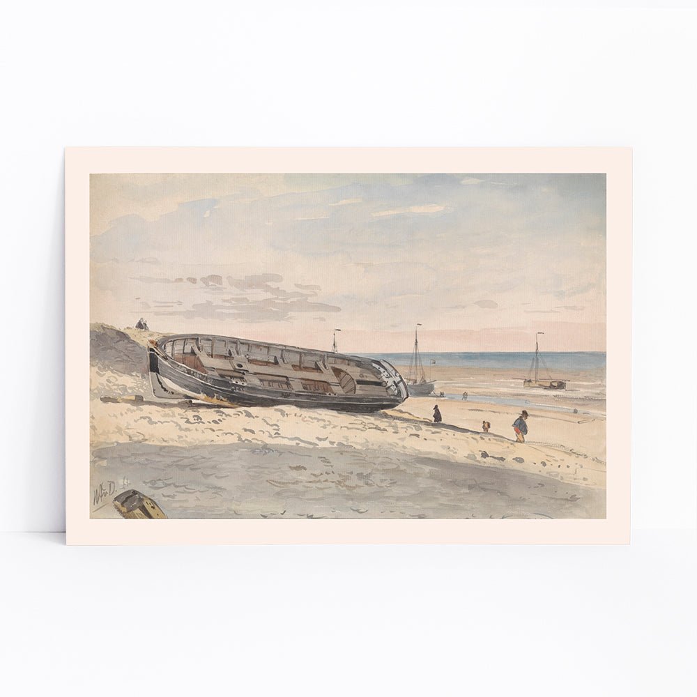 Beached barges and figures on sandy shore with distant boats Barges on the beach by Willem Anthonie van Deventer painting, framed and displayed in modern living room decor