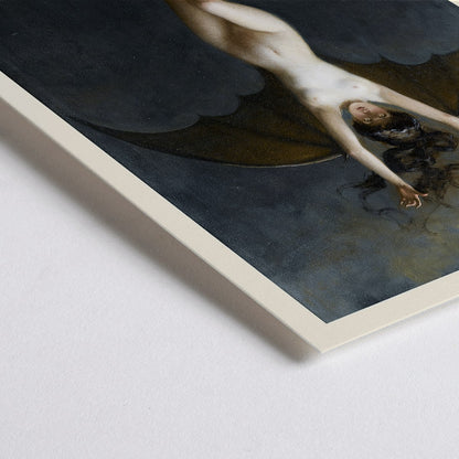 Closeup detail of The Bat-Woman by Albert Joseph Penot artwork showing a woman with bat wings against a cloudy dark sky