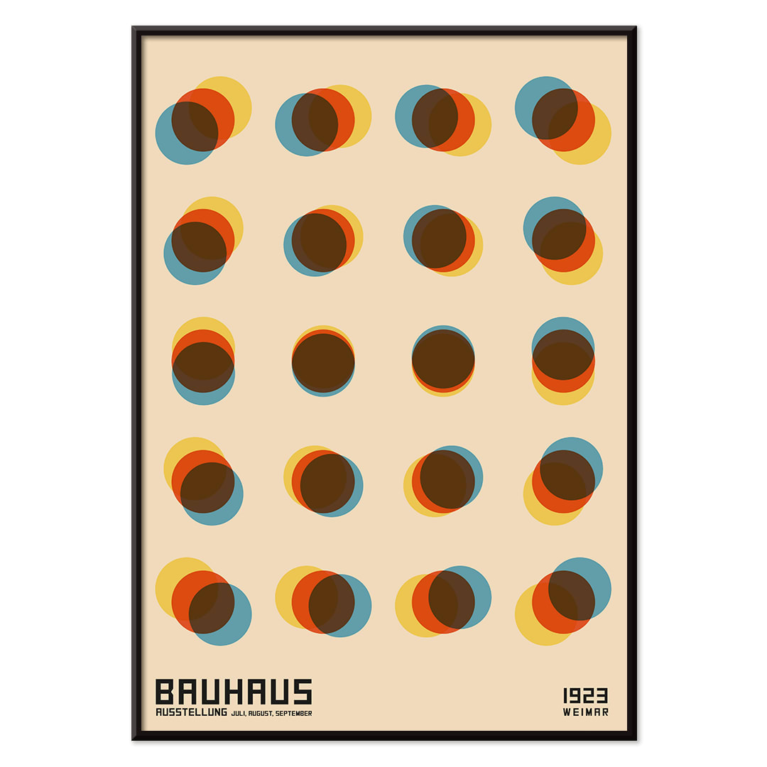 Bauhaus Poster 9 Inspired by the Weimar Exhibition with overlapping colorful circles in a geometric pattern on a beige background, with black aluminium frame on white background