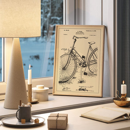 Bicycle support patent by B Peisen with detailed technical drawing and mechanical diagram featuring support stand and annotations, framed and displayed in home decor