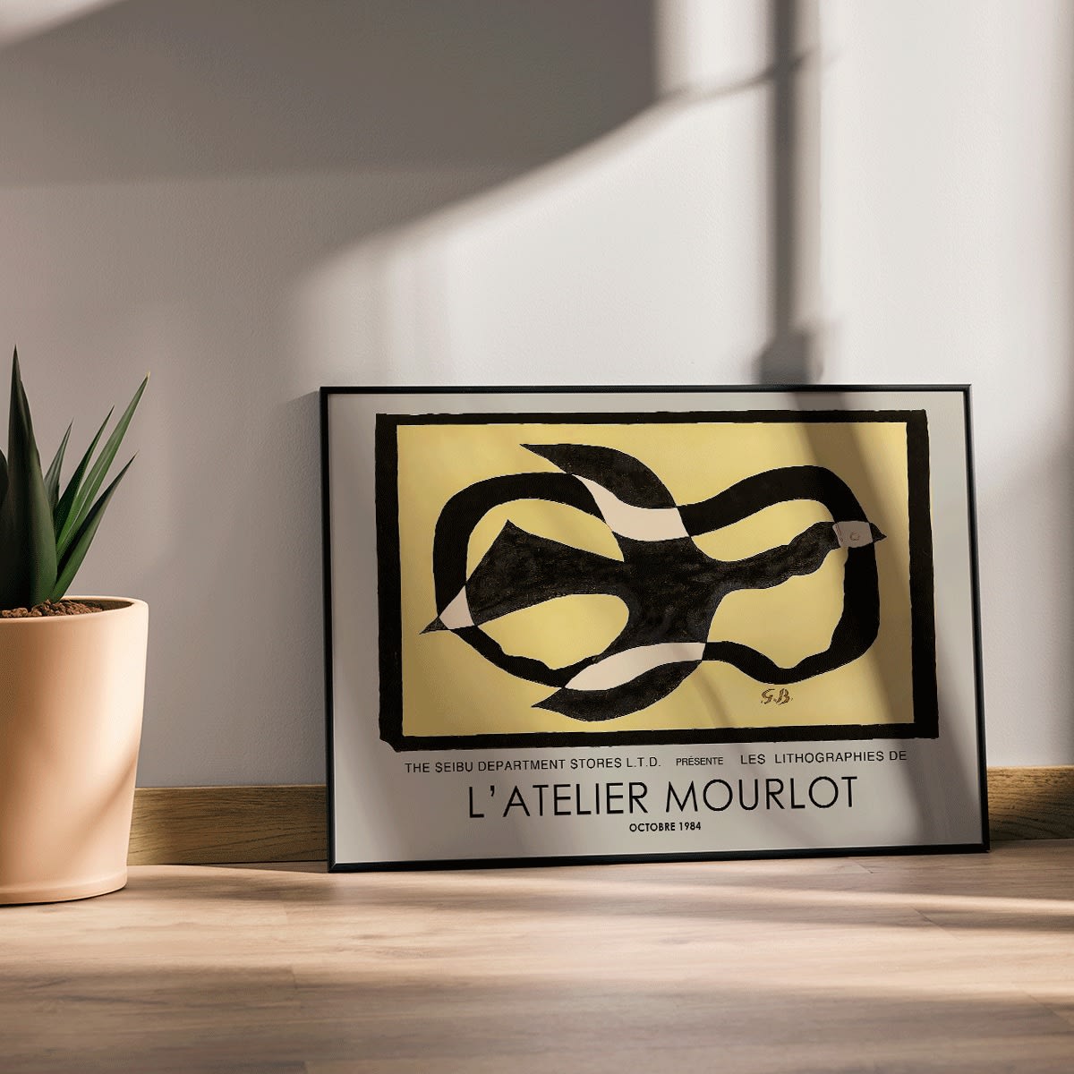 Bird passing through a Cloud by George Braque exhibition poster for L Atelier Mourlot featuring abstract artwork and imagery, framed and displayed in modern living room decor