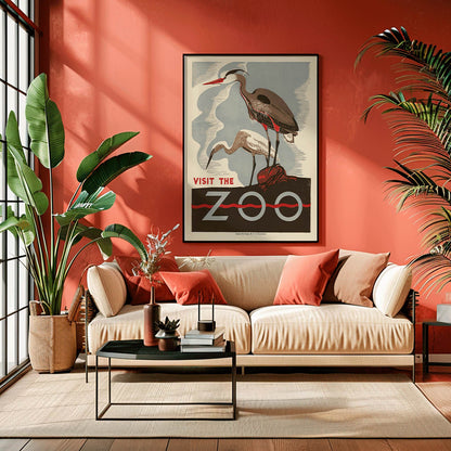 Visit the zoo poster by Federal Art Project WPA Pennsylvania showing two herons standing on a rock with text by the artist, framed and displayed in home decor