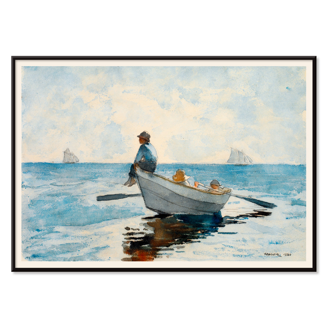 Boys in a Dory by Winslow Homer three boys relaxing in a rowboat on calm blue ocean with distant sailboats, with black aluminium frame on white background