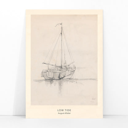Pencil drawing poster of a sailboat at low tide on calm water artwork Low Tide by August Allebe, framed and displayed in modern living room decor