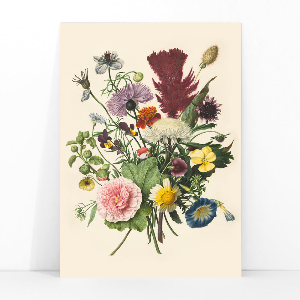Colorful floral bouquet illustration and detailed still life poster by Herman Henstenburgh for home decor, framed and displayed in modern living room decor