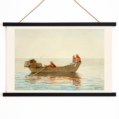 Three boys in a rowboat with lobster pots on calm water painting by Winslow Homer titled Three Boys in a Dory with Lobster Pots, with wooden magnetic frame on white background