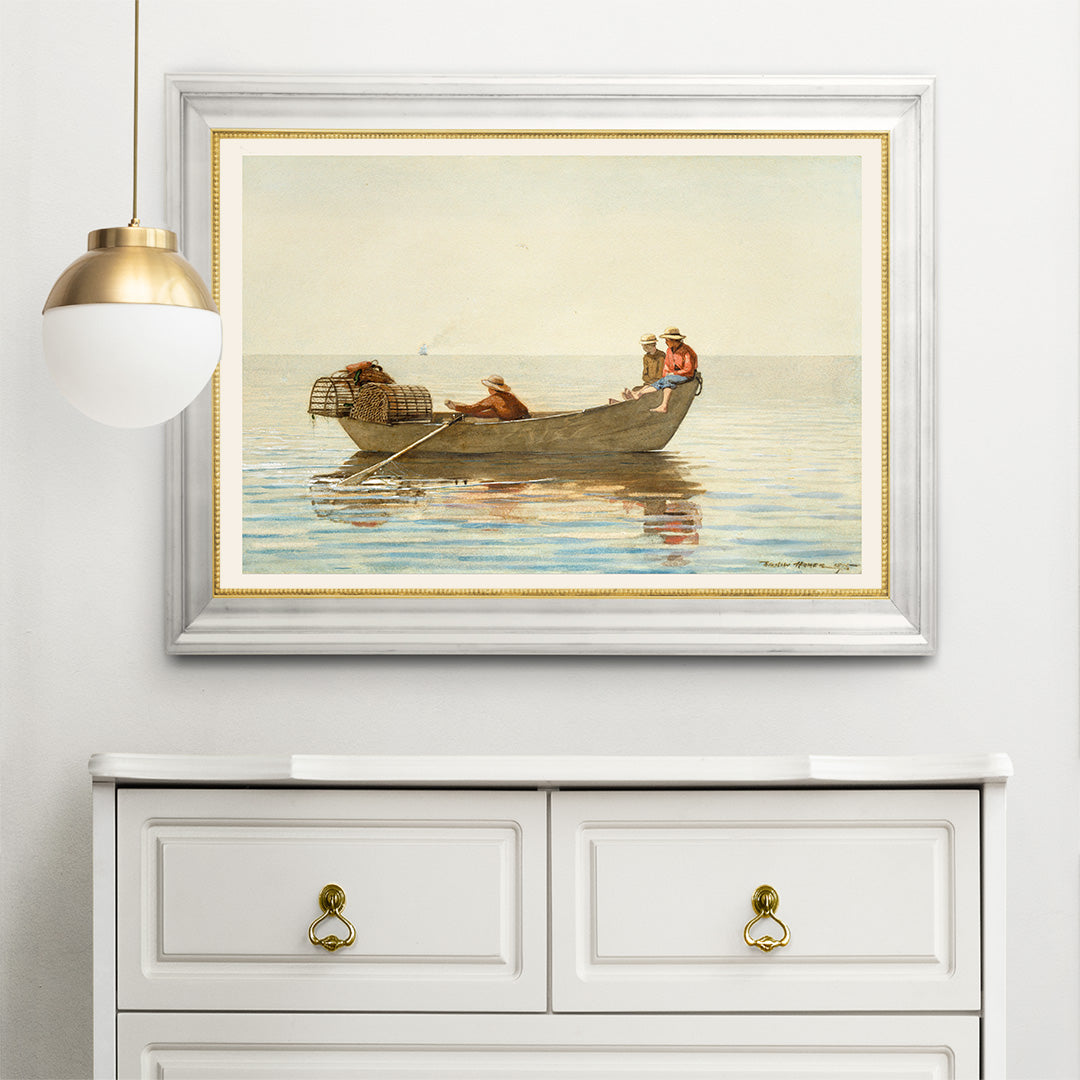 Three boys in a rowboat with lobster pots on calm water painting by Winslow Homer titled Three Boys in a Dory with Lobster Pots, framed and displayed in home decor