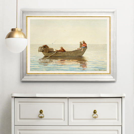 Three boys in a rowboat with lobster pots on calm water painting by Winslow Homer titled Three Boys in a Dory with Lobster Pots, framed and displayed in home decor