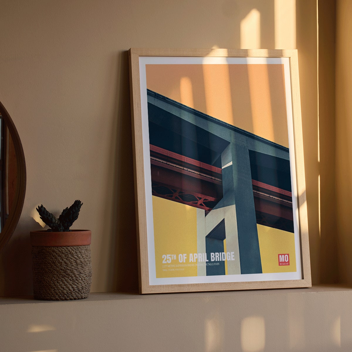 Abstract poster of 25th of April Bridge Lisbon by Mo Art Gallery with bold geometric design, framed and displayed in home decor