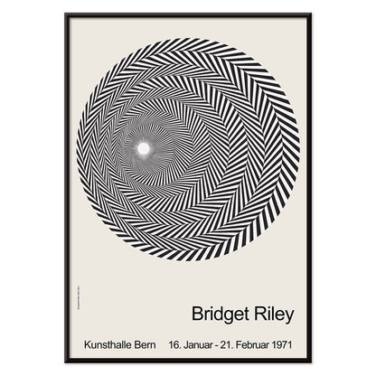 Bridget Riley Blaze Exhibition Poster featuring hypnotic black and white spiral geometric design on light background, with black aluminium frame on white background