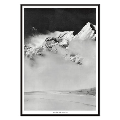 Broad Peak mountain view from Godwin-Austen Glacier snow-covered and obscured by clouds photo by Vittorio Sella, with black aluminium frame on white background