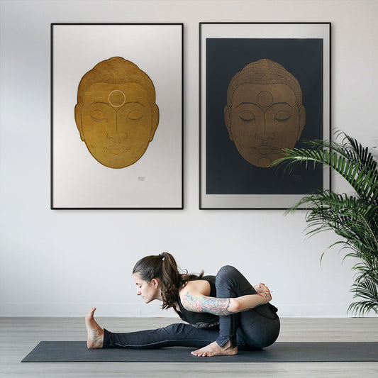 Serene golden Buddha head artwork with closed eyes by Reijer Stolk titled Head of Buddha on white background, framed and displayed in home decor