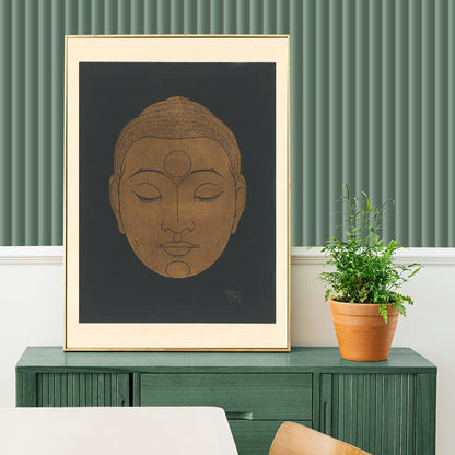 Minimalist golden Buddha head illustration artwork by Reijer Stolk on dark background poster titled Head of Buddha, framed and displayed in home decor