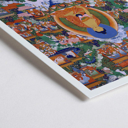 Closeup detail of Shakyamuni Buddha in Avadana Legend Scenes painting and poster depicting life events teachings and surrounded by various figures in a vibrant detailed illustration