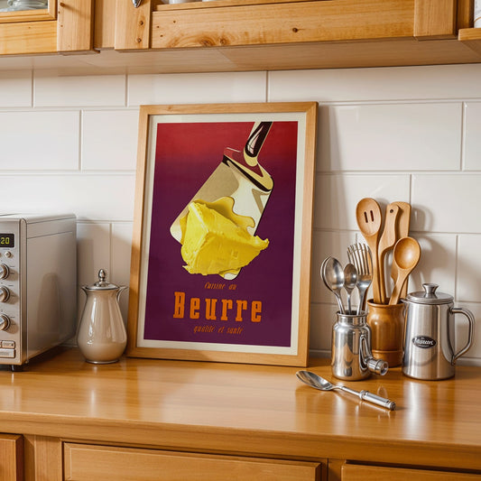 Vintage butter advertisement art by Donald Brun featuring a spatula and bold French text, framed and displayed in home decor