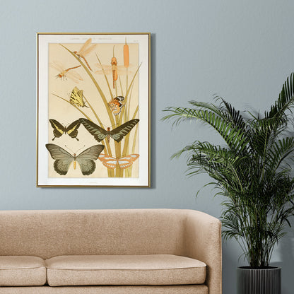Colorful illustration and poster of butterflies and dragonflies among reeds in decorative style by Maurice Pillard Verneuil from Butterflies and Reeds, framed and displayed in home decor