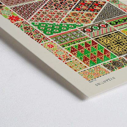Closeup detail of Byzantine 3 vintage pattern by Owen Jones from Grammar of Ornament book featuring colorful intricate geometric designs