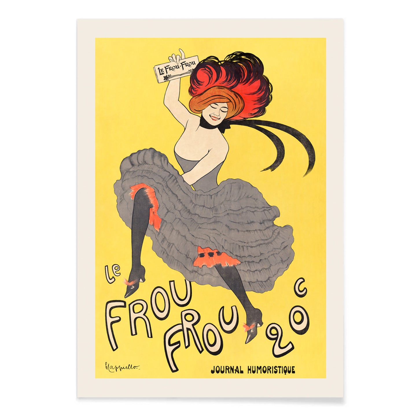 Colorful cancan dancer illustration and poster for Le Frou Frou by Leonetto Cappiello featuring a woman in a flamboyant dress against a bright yellow background, with black aluminium frame on white background