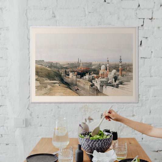 Panoramic cityscape of Cairo with mosques historic architecture and city walls looking west artwork by David Roberts, framed and displayed in home decor