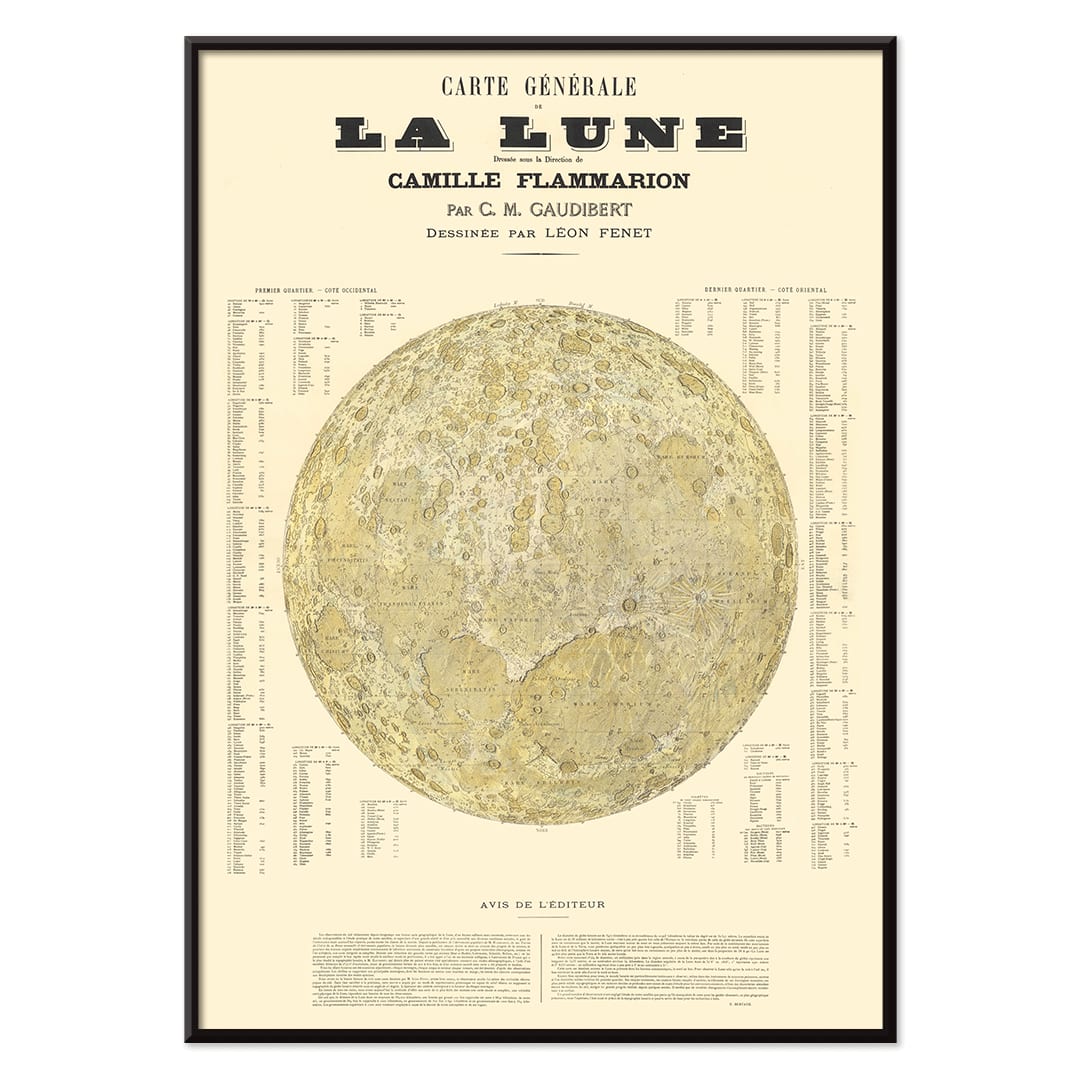 Carte Général de la Lune poster detailed lunar map by Camille Flammarion C M Gaudibert and Léon Fenet, with black aluminium frame on white background