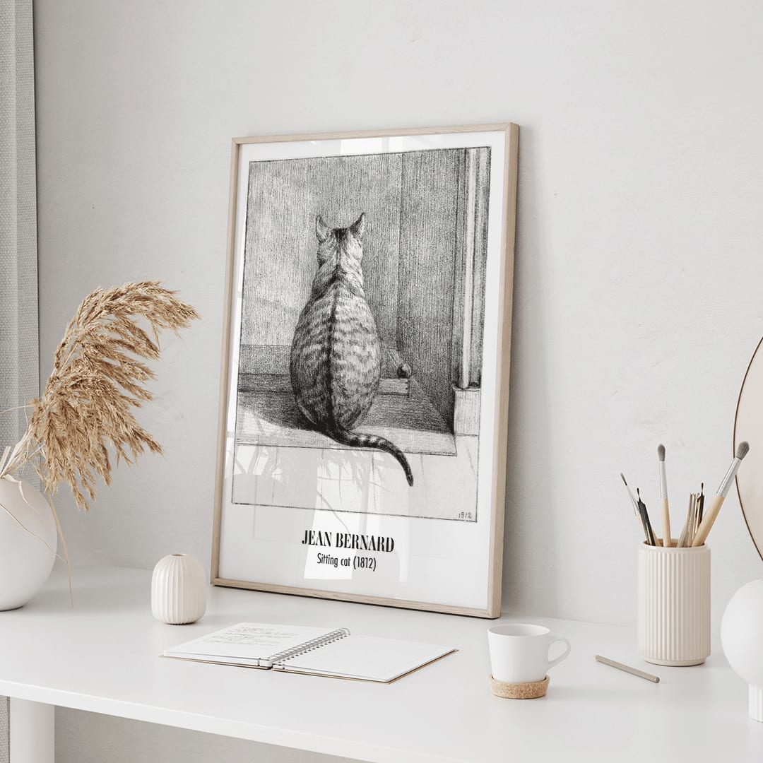 Detailed drawing poster of a sitting cat viewed from behind in a room artwork by Jean Bernard titled Sitting cat from behind, framed and displayed in home decor