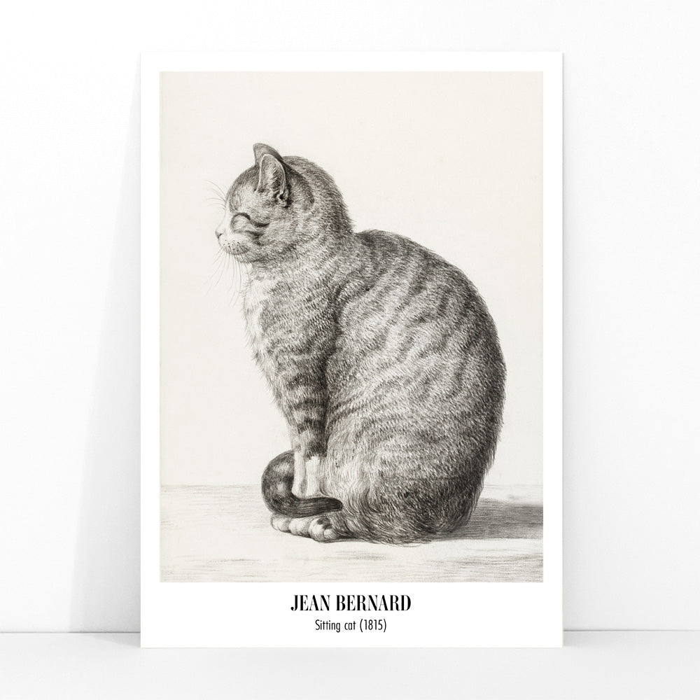 Detailed drawing of a sitting cat by Jean Bernard titled Sitting cat poster for home or office decor, framed and displayed in modern living room decor