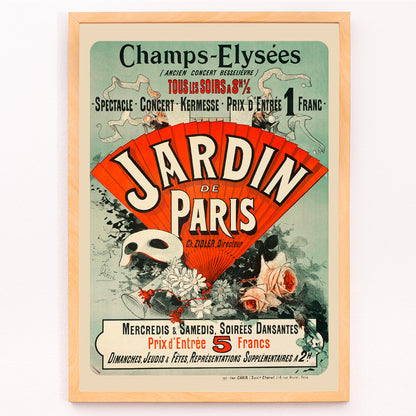 Closeup detail of Vintage French poster by Jules Cheret featuring fan flowers bold Jardin De Paris text colorful flowers and masks Champs Elysees artwork