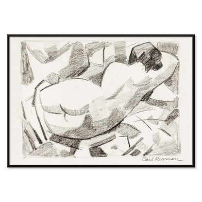Charcoal sketch poster of reclining nude woman by Carl Newman featuring a black and white abstract figure, with black aluminium frame on white background