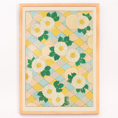 Closeup detail of Chrysanthemum flowers and white flowers with green leaves on pastel geometric background artwork by Korin Furuya Bijutsukai Pl 218 poster