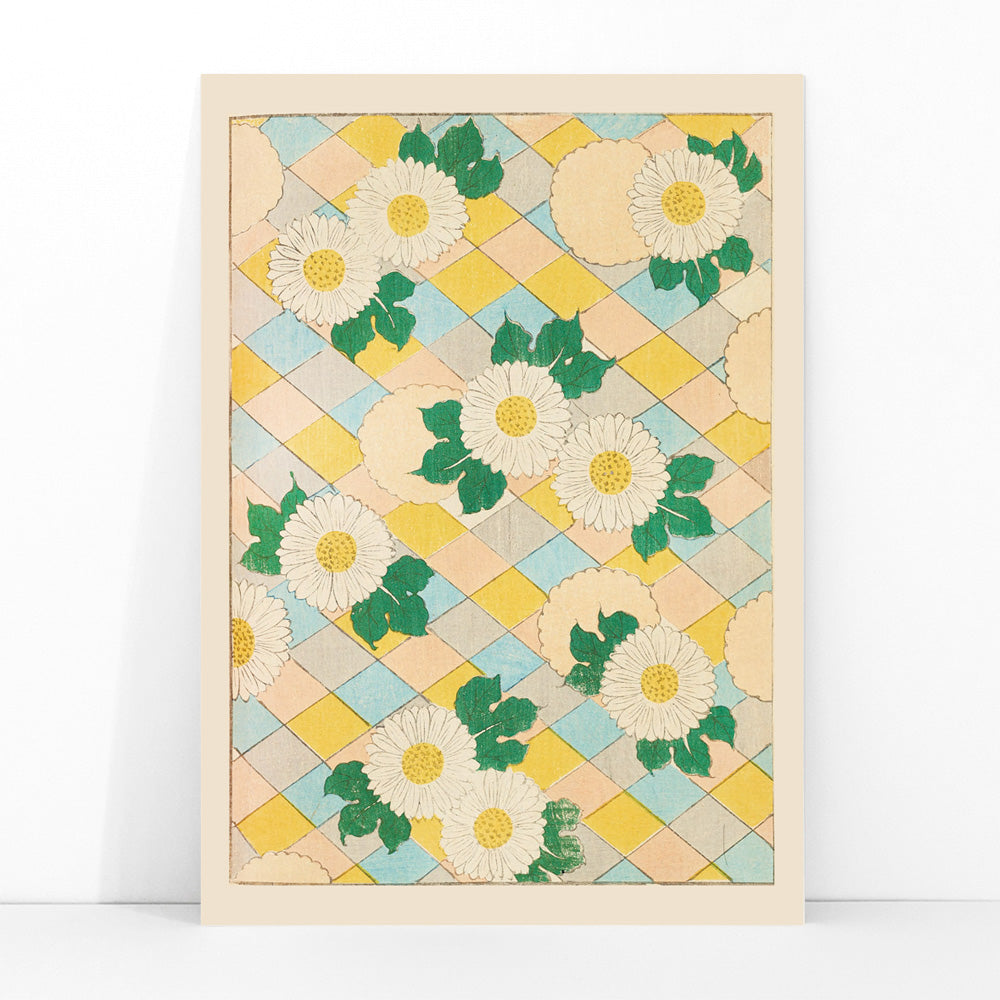 Chrysanthemum flowers and white flowers with green leaves on pastel geometric background artwork by Korin Furuya Bijutsukai Pl 218 poster, framed and displayed in modern living room decor