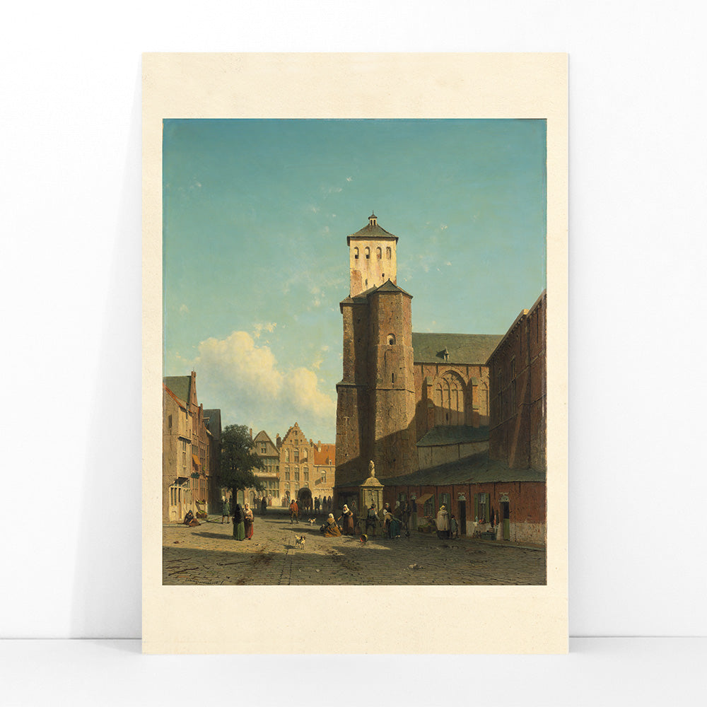 St Denis Church in Liege painting by Jan Weissenbruch showing people in a sunlit city square poster artwork, framed and displayed in modern living room decor