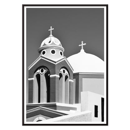 Black and white artwork of a traditional church dome and cross in Santorini Greece by artist Santorini Greece poster featuring classic architecture against a clear sky, with black aluminium frame on white background
