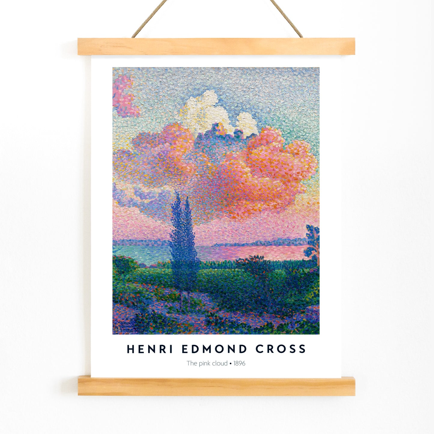 Colorful landscape poster with a vivid pink cloud by Henri Edmond Cross titled The Pink Cloud, with wooden magnetic frame on white background