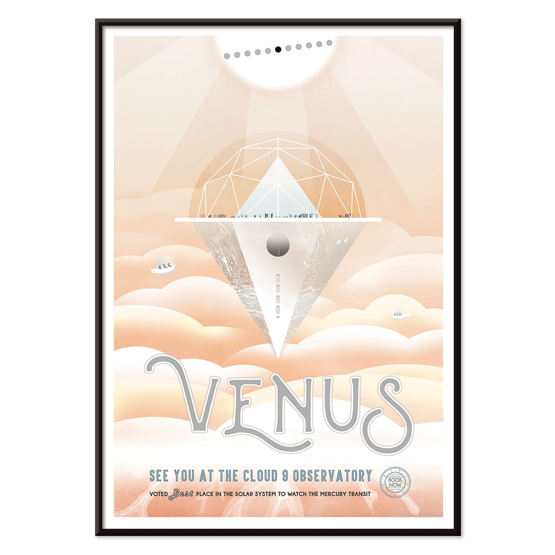 Futuristic observatory floating above orange Venus clouds artwork by NASA titled Venus Cloud 9 Observatory poster, with black aluminium frame on white background