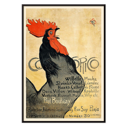 Black rooster with red comb and text promoting Cocorico by Theophile Alexandre Steinlen on yellow background illustration poster, with black aluminium frame on white background