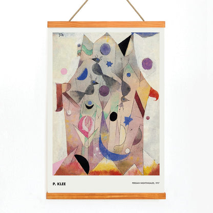 Abstract artwork Persian Nightingales by Paul Klee featuring geometric shapes birds and colorful patterns, with wooden magnetic frame on white background