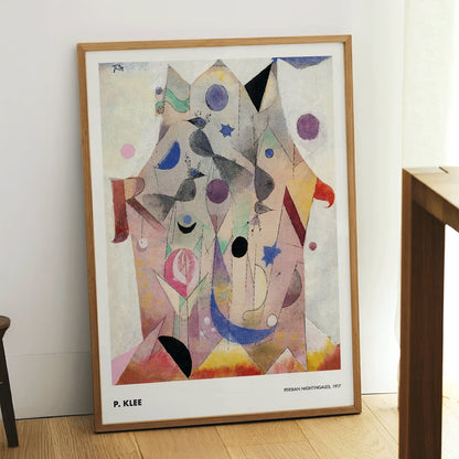 Abstract artwork Persian Nightingales by Paul Klee featuring geometric shapes birds and colorful patterns, framed and displayed in modern living room decor
