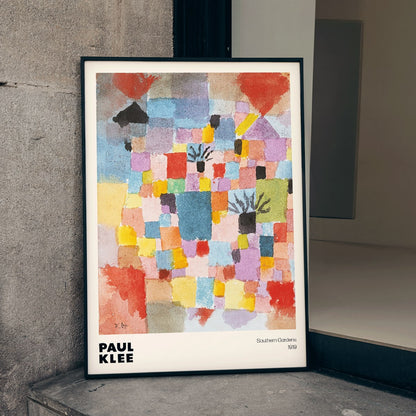Colorful abstract painting Southern Gardens by Paul Klee featuring vibrant geometric blocks and shapes poster artwork, framed and displayed in home decor