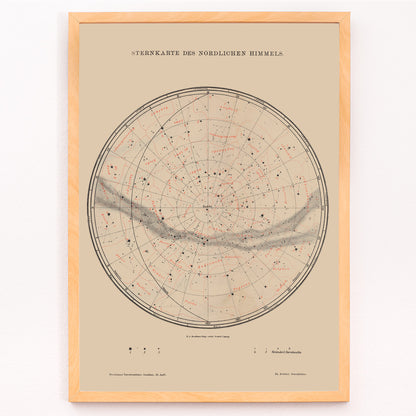 Closeup detail of Vintage astronomy poster featuring a detailed map of northern sky stars titled Nothern Sky Star Poster by The Institute of Liepzig perfect for wall decor
