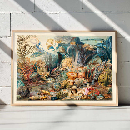 Vibrant underwater scene with colorful marine life plants and sea creatures artwork Ocean Life by James M Sommerville, framed and displayed in modern living room decor